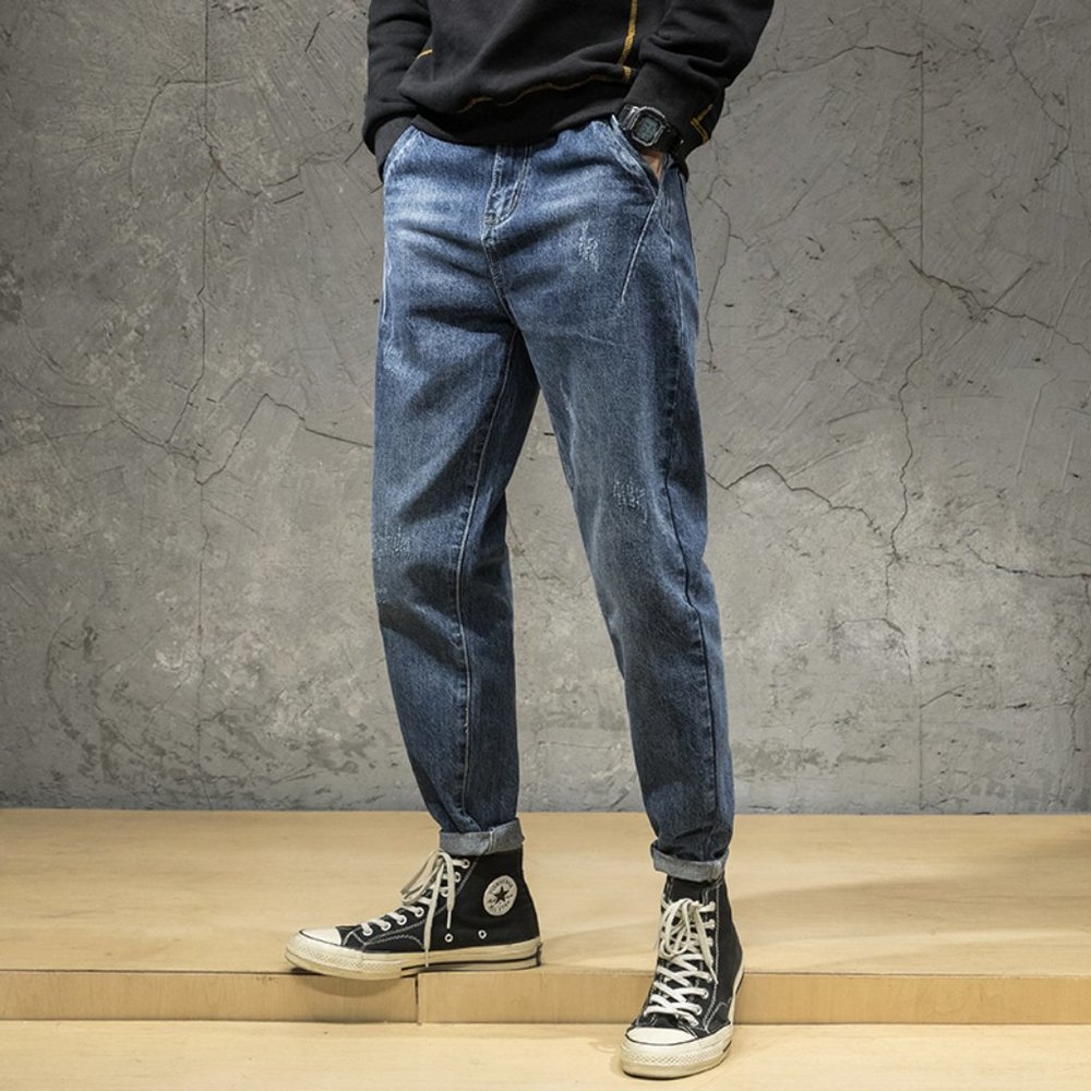 Men Jeans Loose Fit Blue Color Spliced Ripped Hare